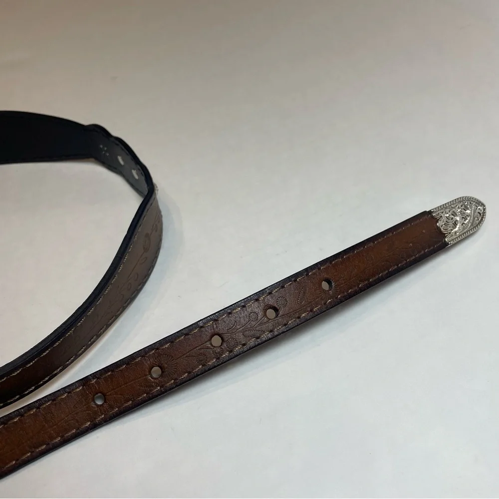 Belt women’s western with silver accents. Floral etched design. 43” long. Used. - Picture 6 of 8